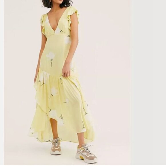 Free People She's A Waterfall Floral Ruffle Asymetric Hem Maxi Dress Yellow Sz 2 - Picture 4 of 11